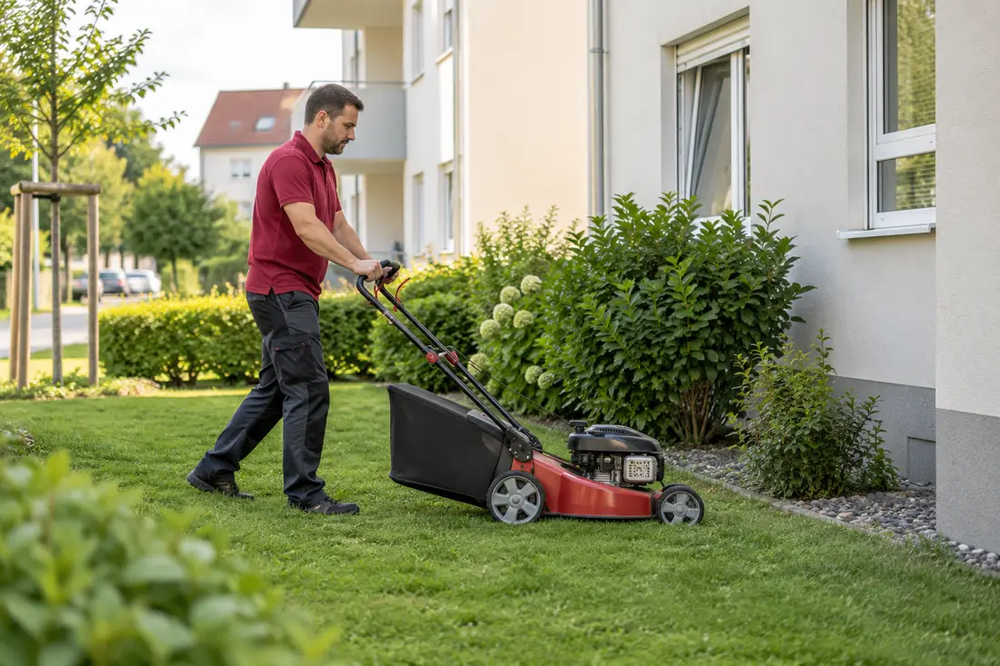 Pflege einer Grünanlage an einem Wohngebäude